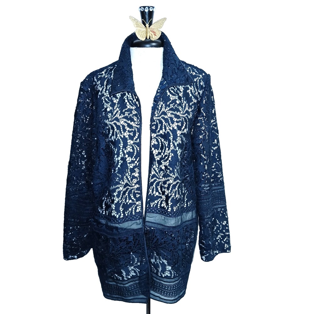 Chico's Crochet Lace Women Cardigan XL Navy Blue Art To Wear Lagenlook Layering